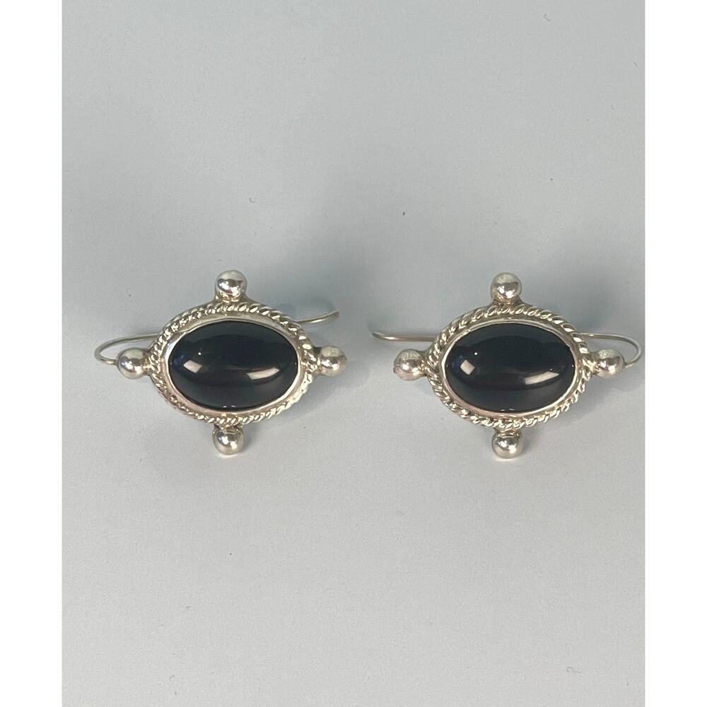 Taxco Mexico 925 Sterling Onyx Rope Bead Drop Hook Earrings 11.5g - Picture 4 of 7